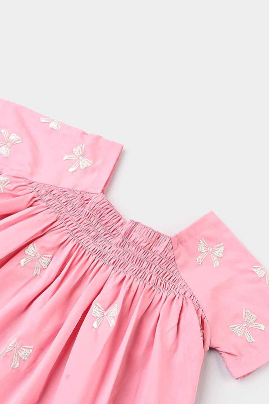 Infant Girls Cotton Emb Top Bow-Candy Pink