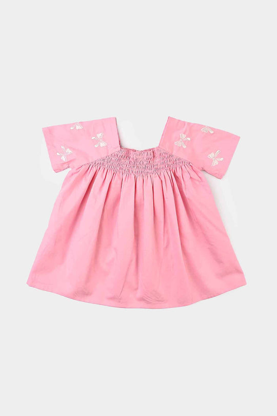 Infant Girls Cotton Emb Top Bow-Candy Pink