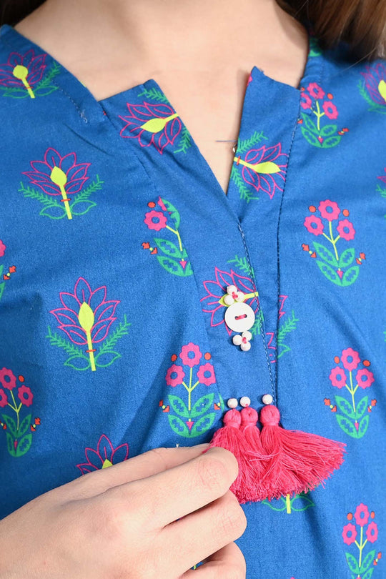 Girls Cotton Printed 2Pcs Pink Floral-Blue