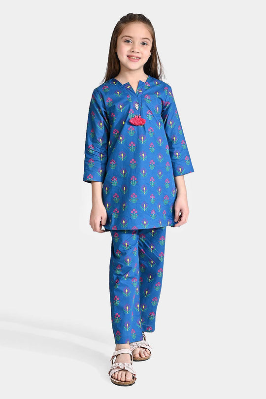 Girls Cotton Printed 2Pcs Pink Floral-Blue