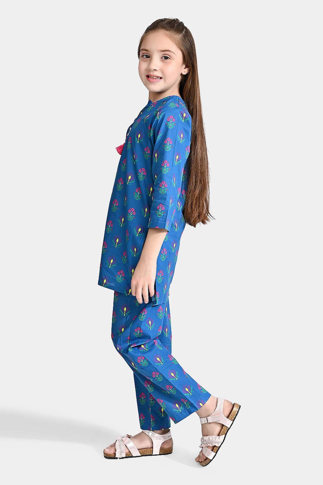 Girls Cotton Printed 2Pcs Pink Floral-Blue