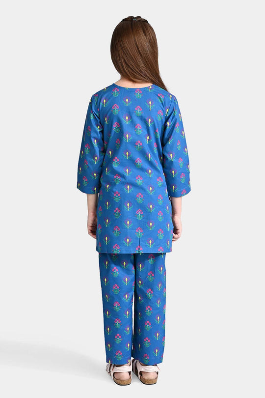 Girls Cotton Printed 2Pcs Pink Floral-Blue