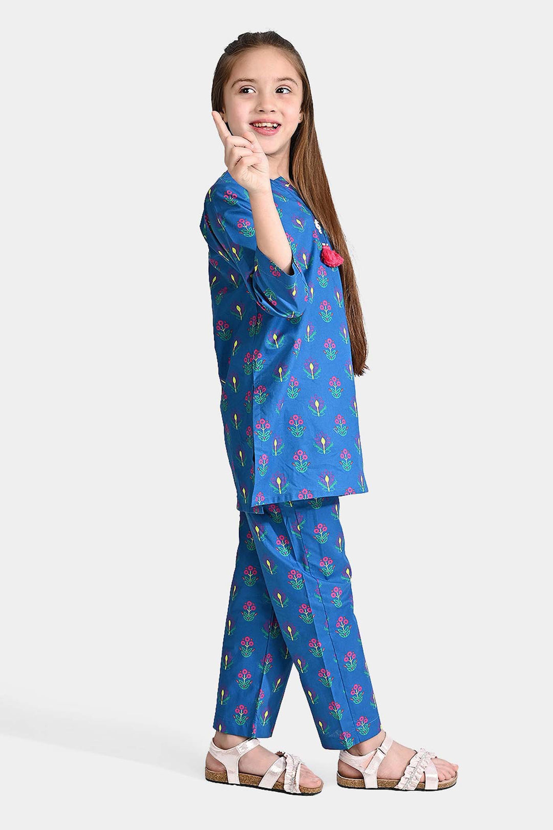 Girls Cotton Printed 2Pcs Pink Floral-Blue