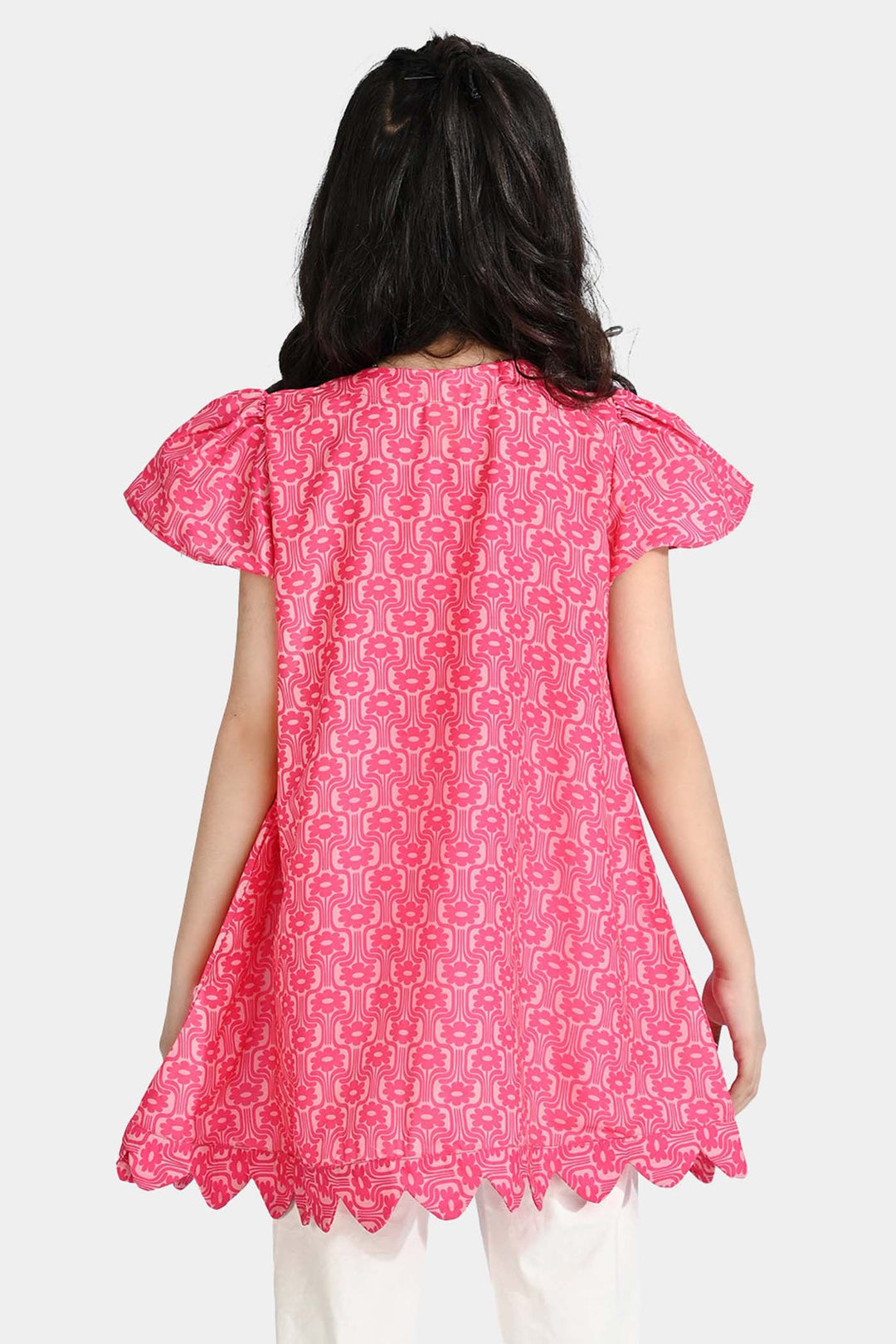 Girls Poly Cambric Casual Frock Groovy Floral-Pink