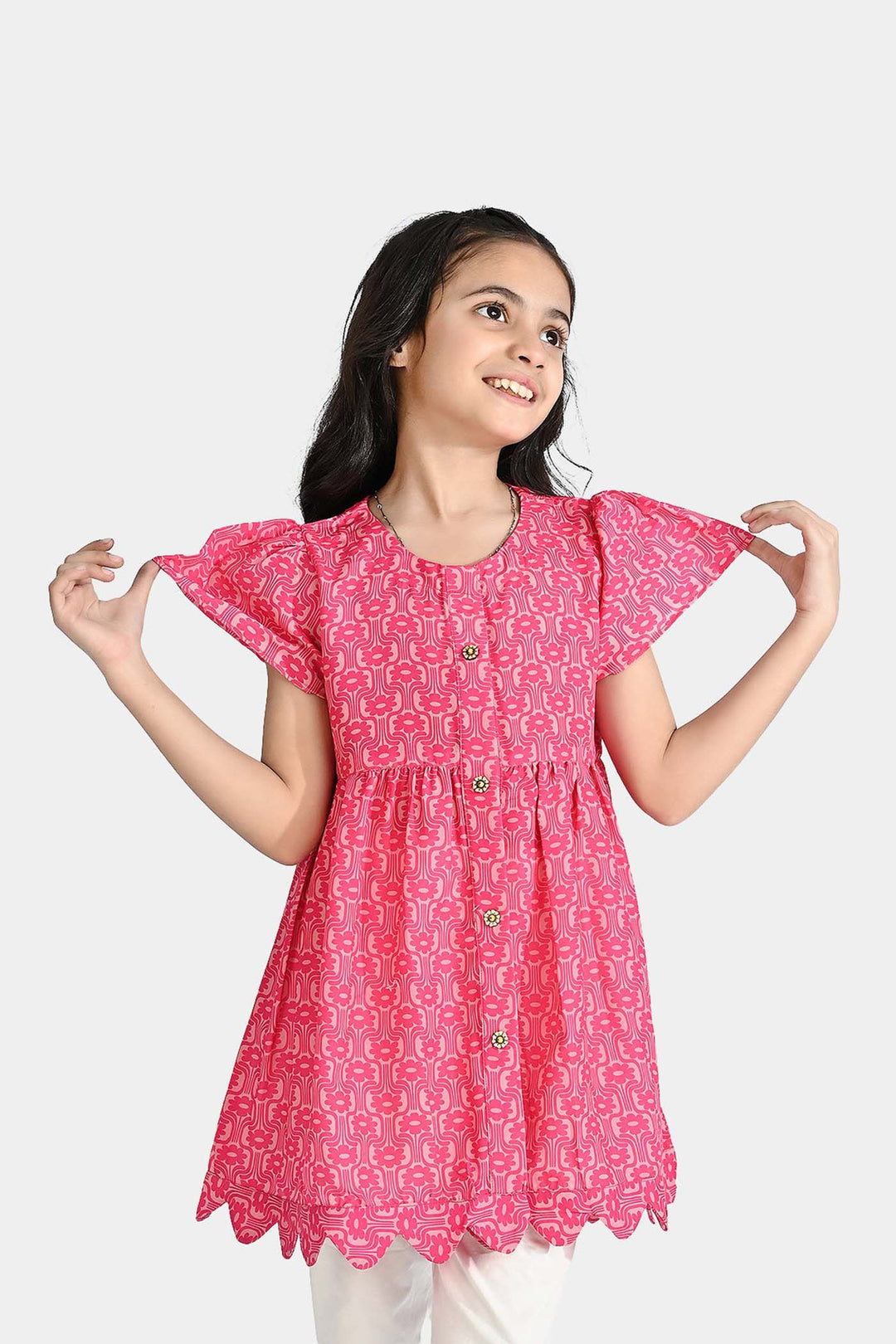 Girls Poly Cambric Casual Frock Groovy Floral-Pink