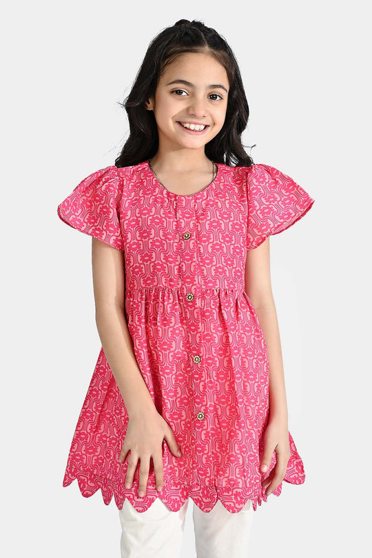 Girls Poly Cambric Casual Frock Groovy Floral-Pink