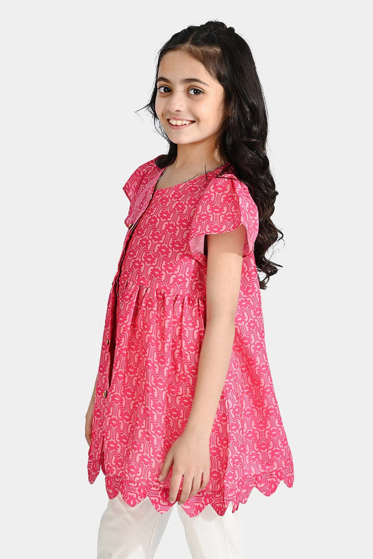 Girls Poly Cambric Casual Frock Groovy Floral-Pink