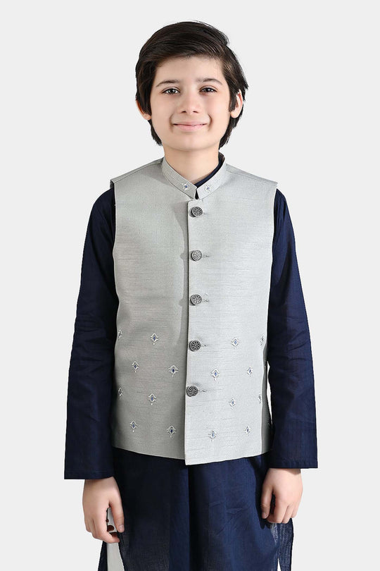 Boys Poly Viscose Waistcoats (Chin Motif)-Light grey