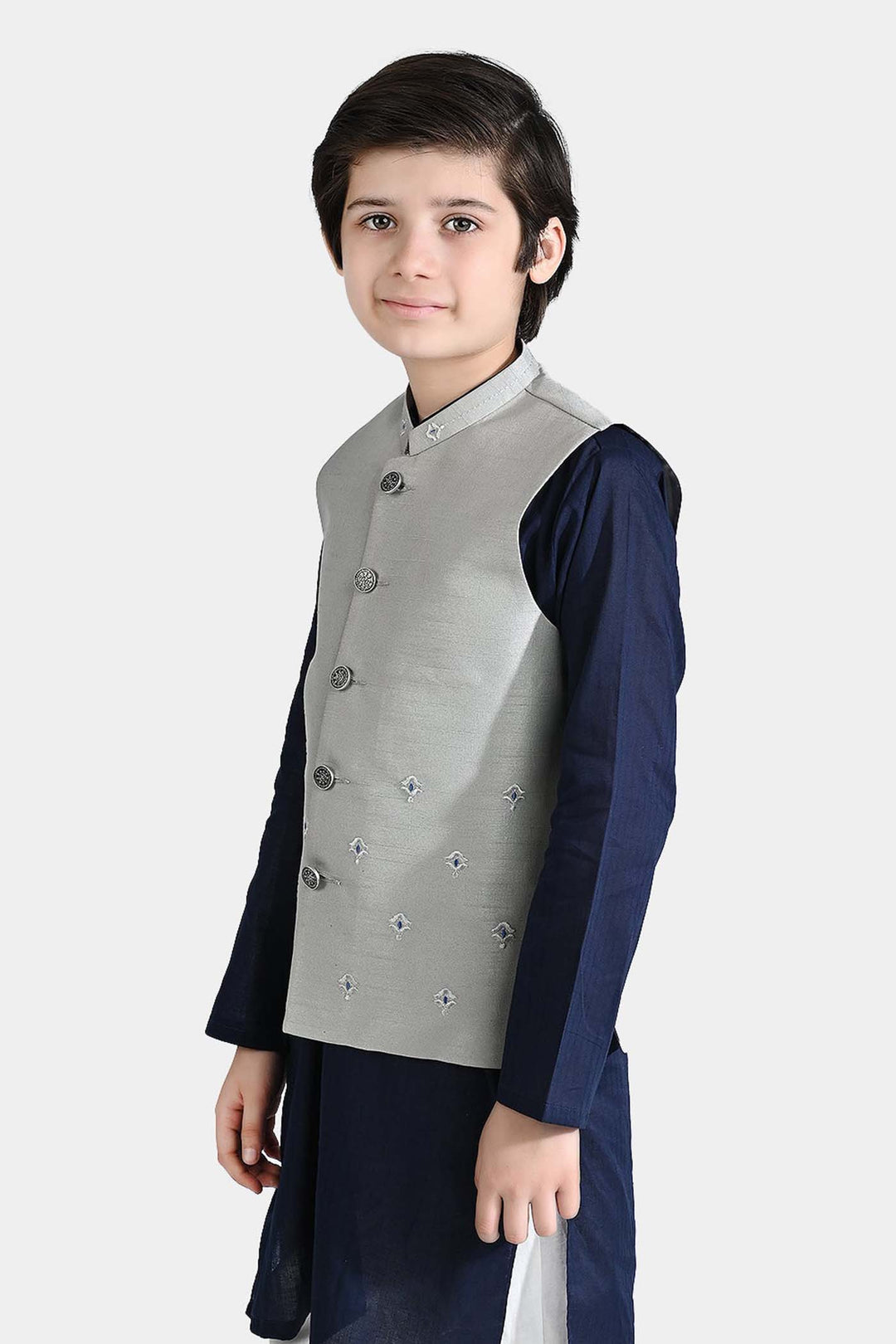 Boys Poly Viscose Waistcoats (Chin Motif)-Light grey