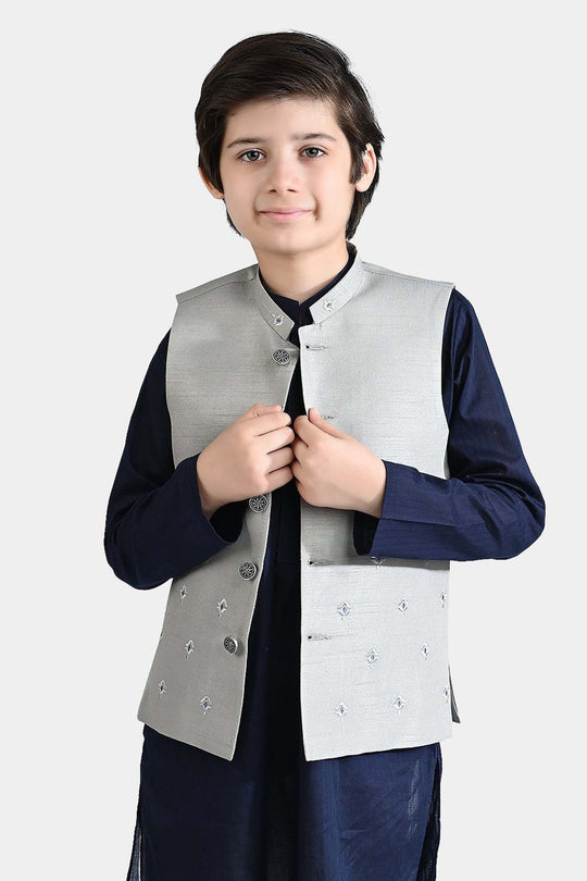 Boys Poly Viscose Waistcoats (Chin Motif)-Light grey