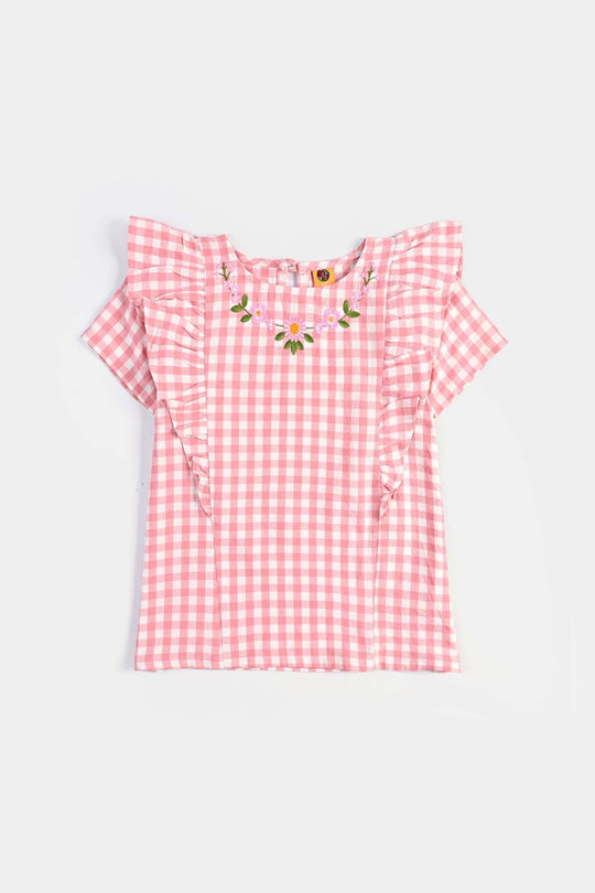 Infant Girls Cotton Emb Top Pink Check