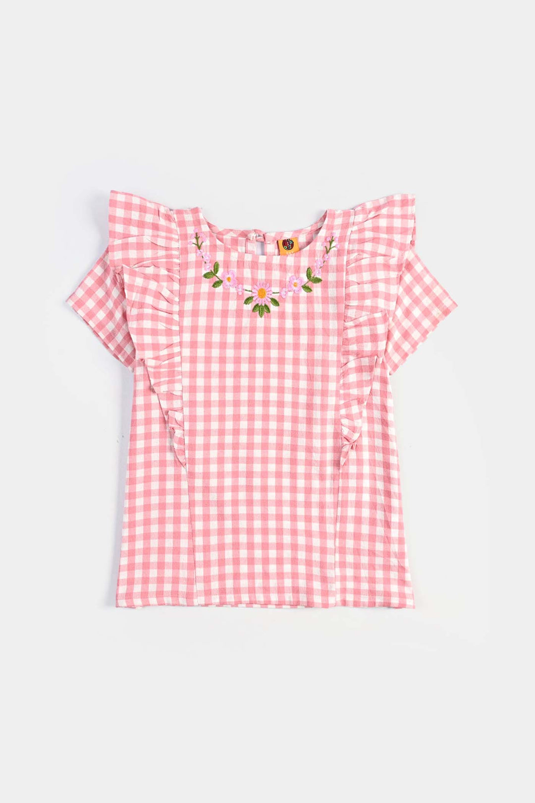 Girls Cotton Emb Top Pink Check