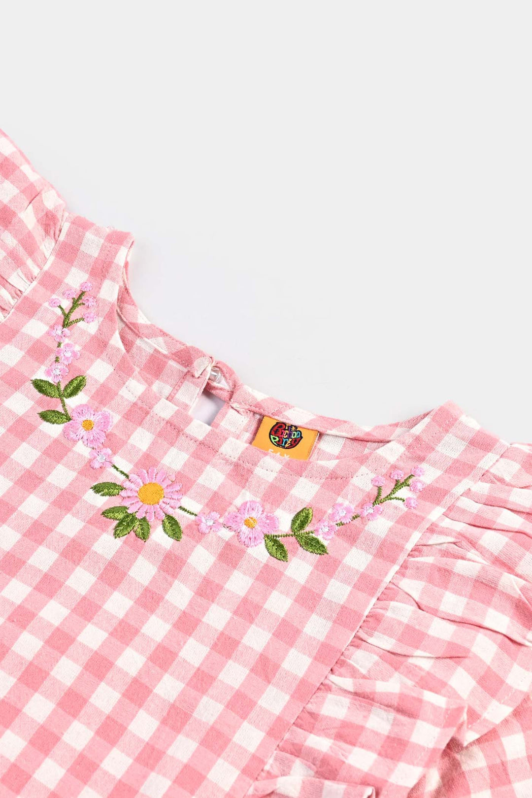 Girls Cotton Emb Top Pink Check