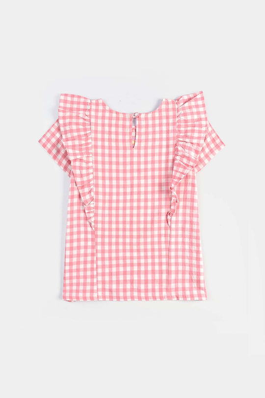 Girls Cotton Emb Top Pink Check