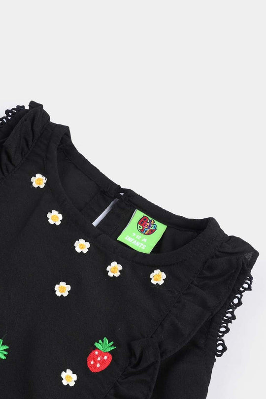 Infant Girls poly Cambric Emb kurti Strawberry-BLACK