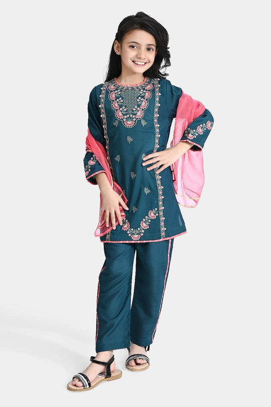 Girls Poly Cambric Fancy 3Pcs Suit Arzoo-Teal blue