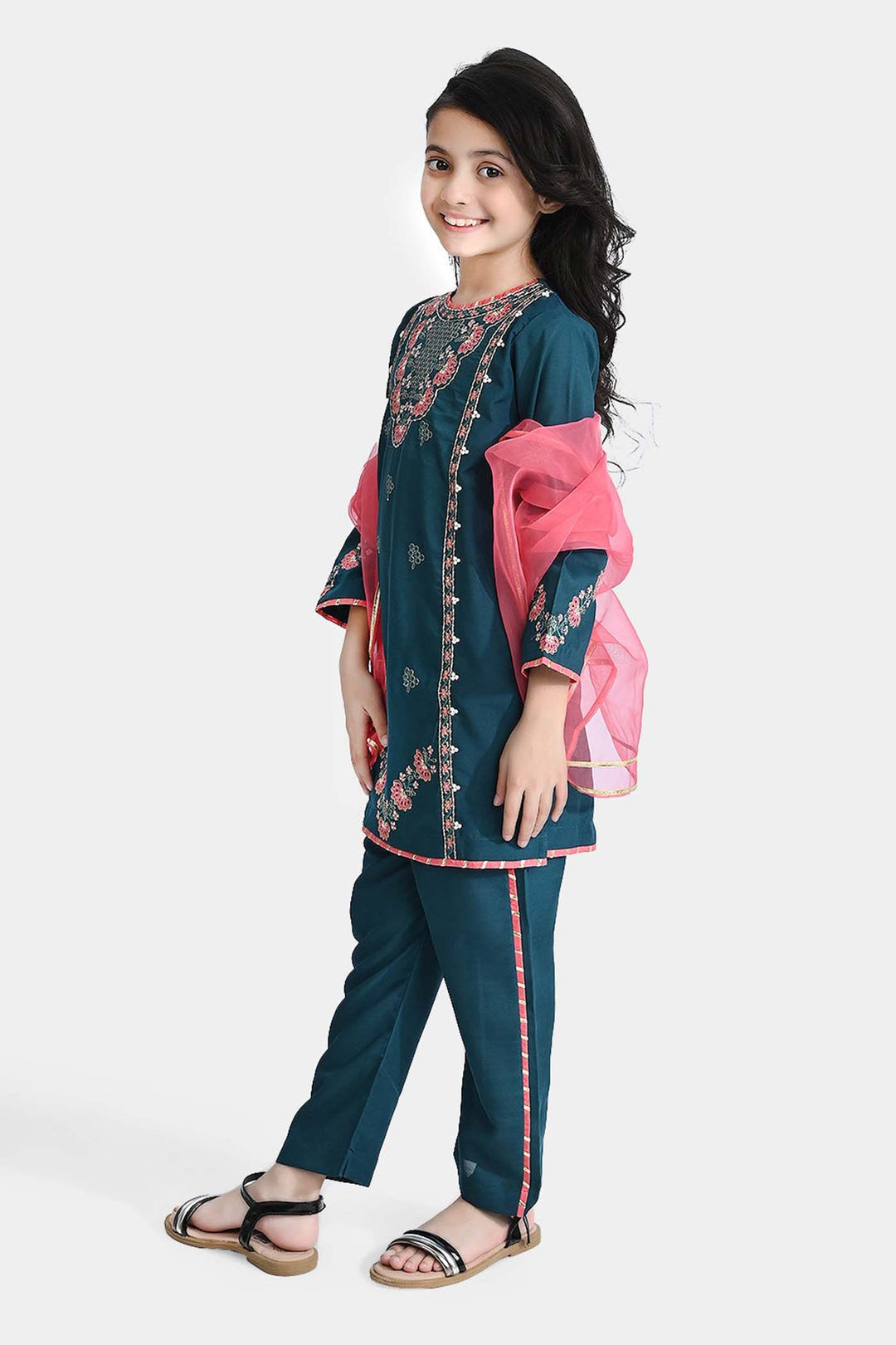 Girls Poly Cambric Fancy 3Pcs Suit Arzoo-Teal blue