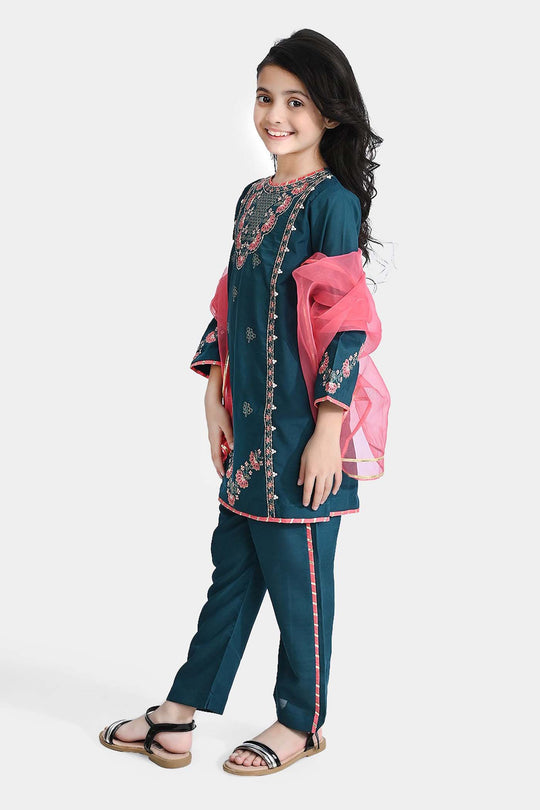 Girls Poly Cambric Fancy 3Pcs Suit Arzoo-Teal blue