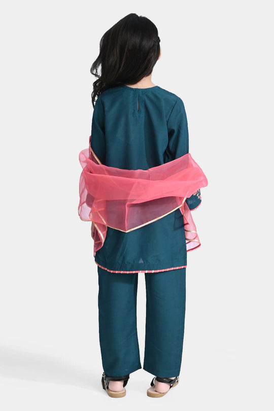 Girls Poly Cambric Fancy 3Pcs Suit Arzoo-Teal blue