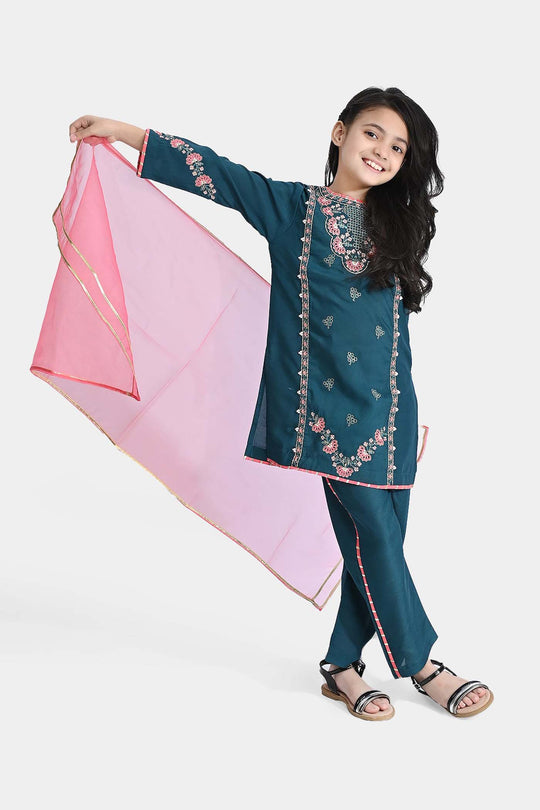 Girls Poly Cambric Fancy 3Pcs Suit Arzoo-Teal blue