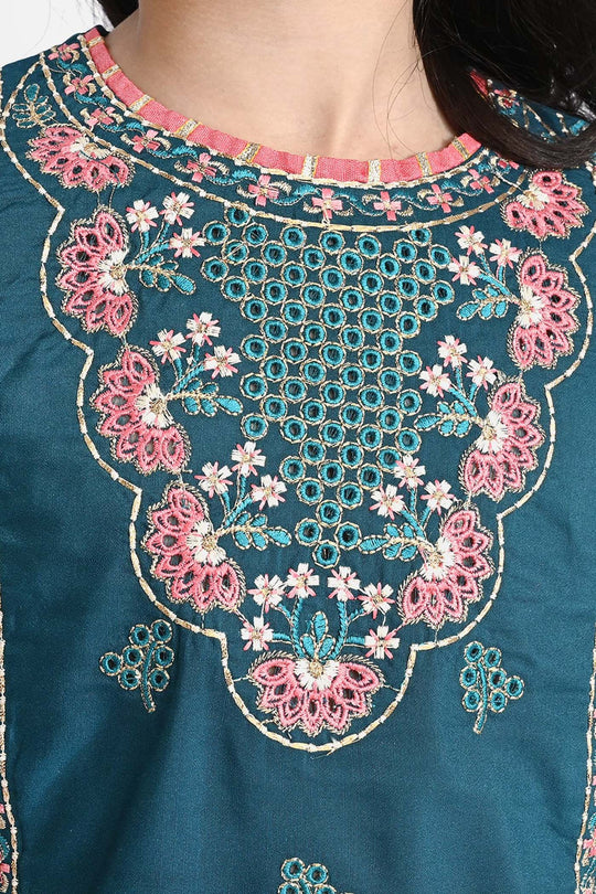 Girls Poly Cambric Fancy 3Pcs Suit Arzoo-Teal blue