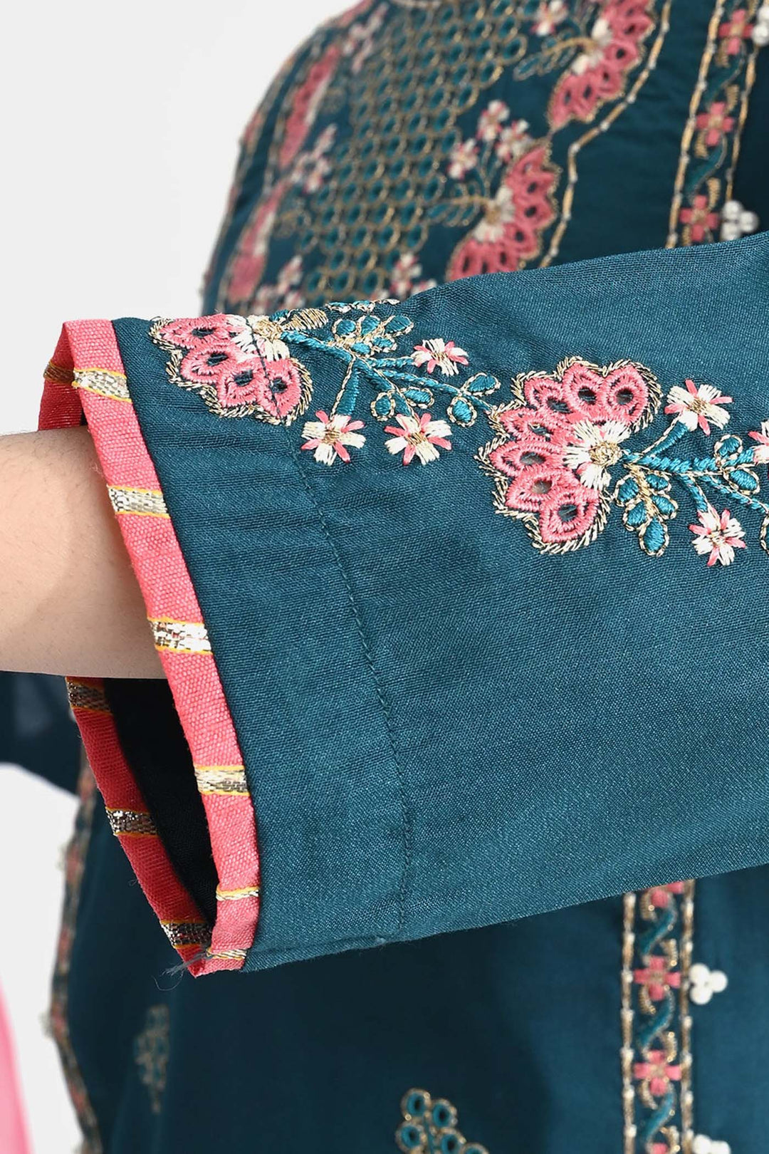 Girls Poly Cambric Fancy 3Pcs Suit Arzoo-Teal blue