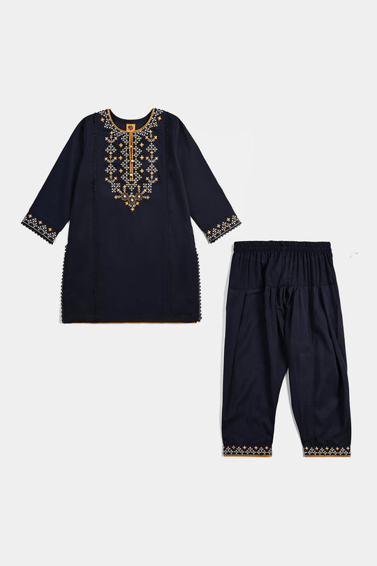Girls poly cambric Emb 2Pcs Suit Tarz-Navy Blue
