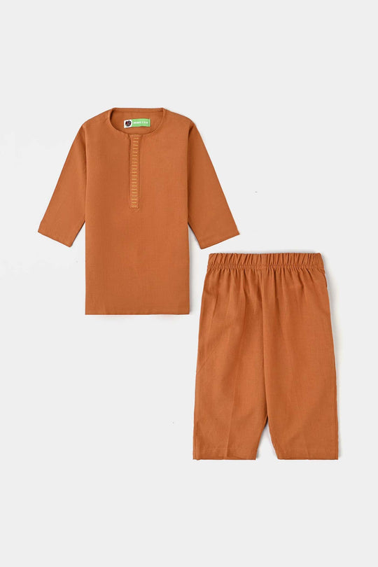 Infant Boys Cotton Shalwar Suit (Dashed EMB)-Mustard