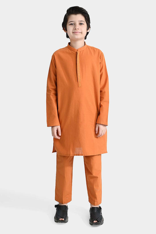 Boys Cotton Shalwar Suit (Dashed EMB)-Mustard