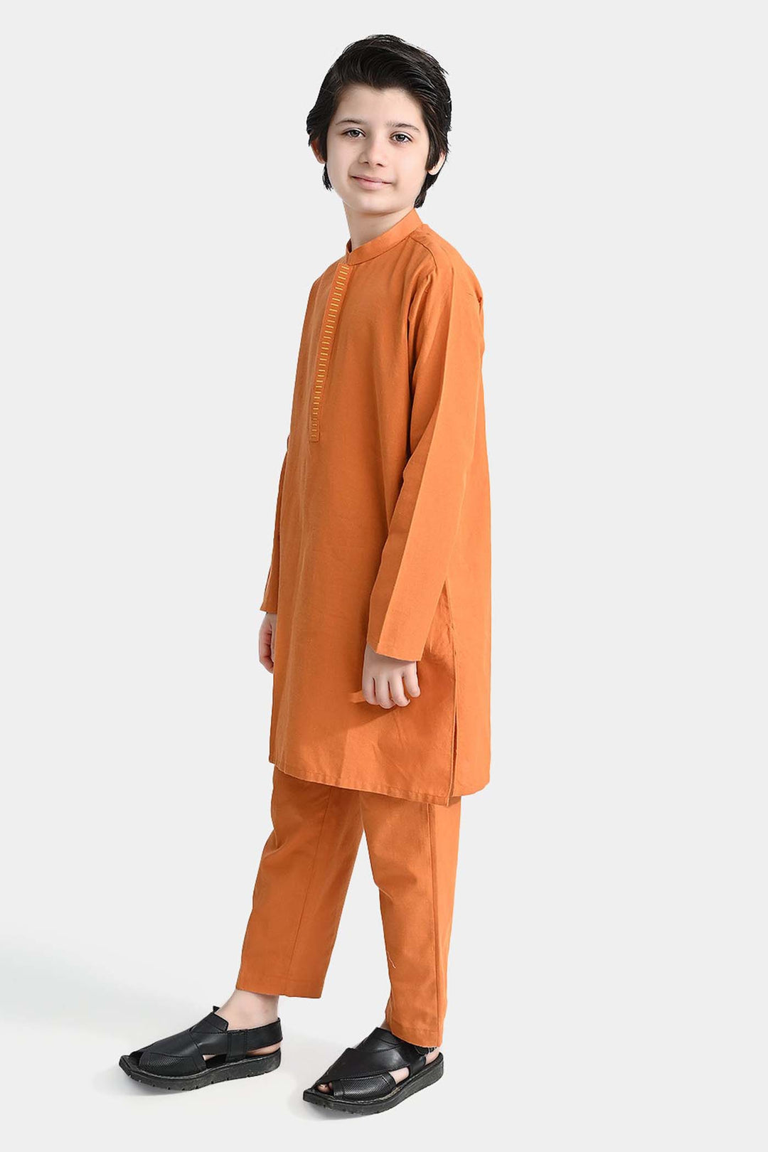 Boys Cotton Shalwar Suit (Dashed EMB)-Mustard