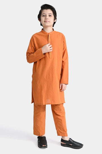 Boys Cotton Shalwar Suit (Dashed EMB)-Mustard