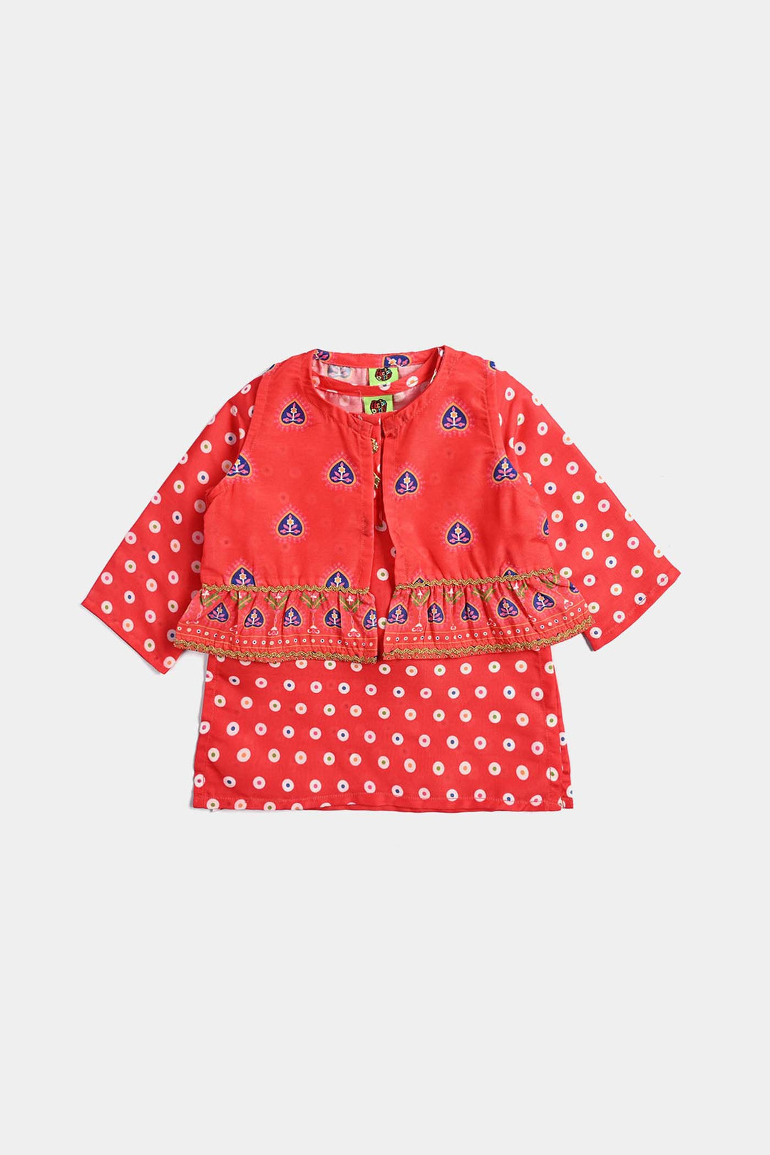 Infant Girls Poly Cambric Printed 3Pcs Chamak Dhamak-Red