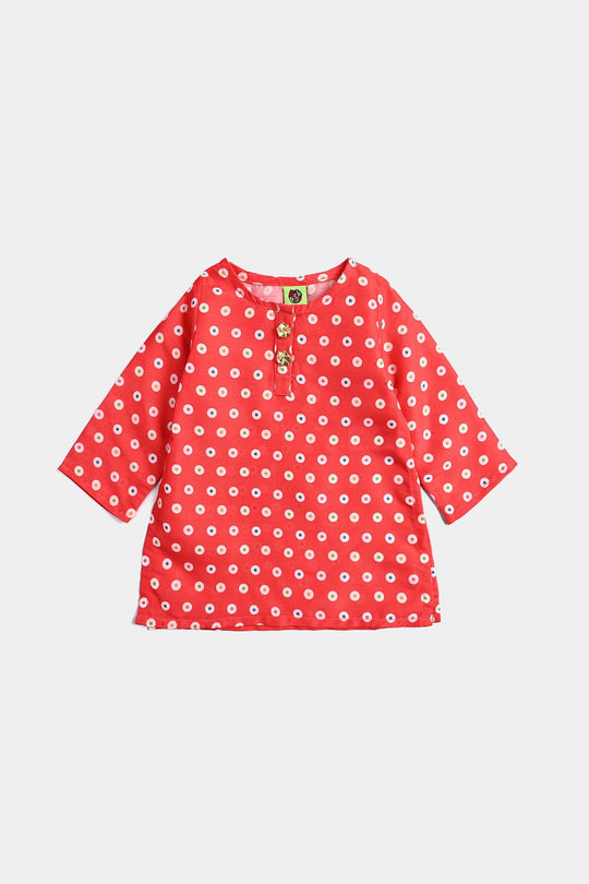 Infant Girls Poly Cambric Printed 3Pcs Chamak Dhamak-Red