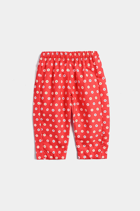 Infant Girls Poly Cambric Printed 3Pcs Chamak Dhamak-Red