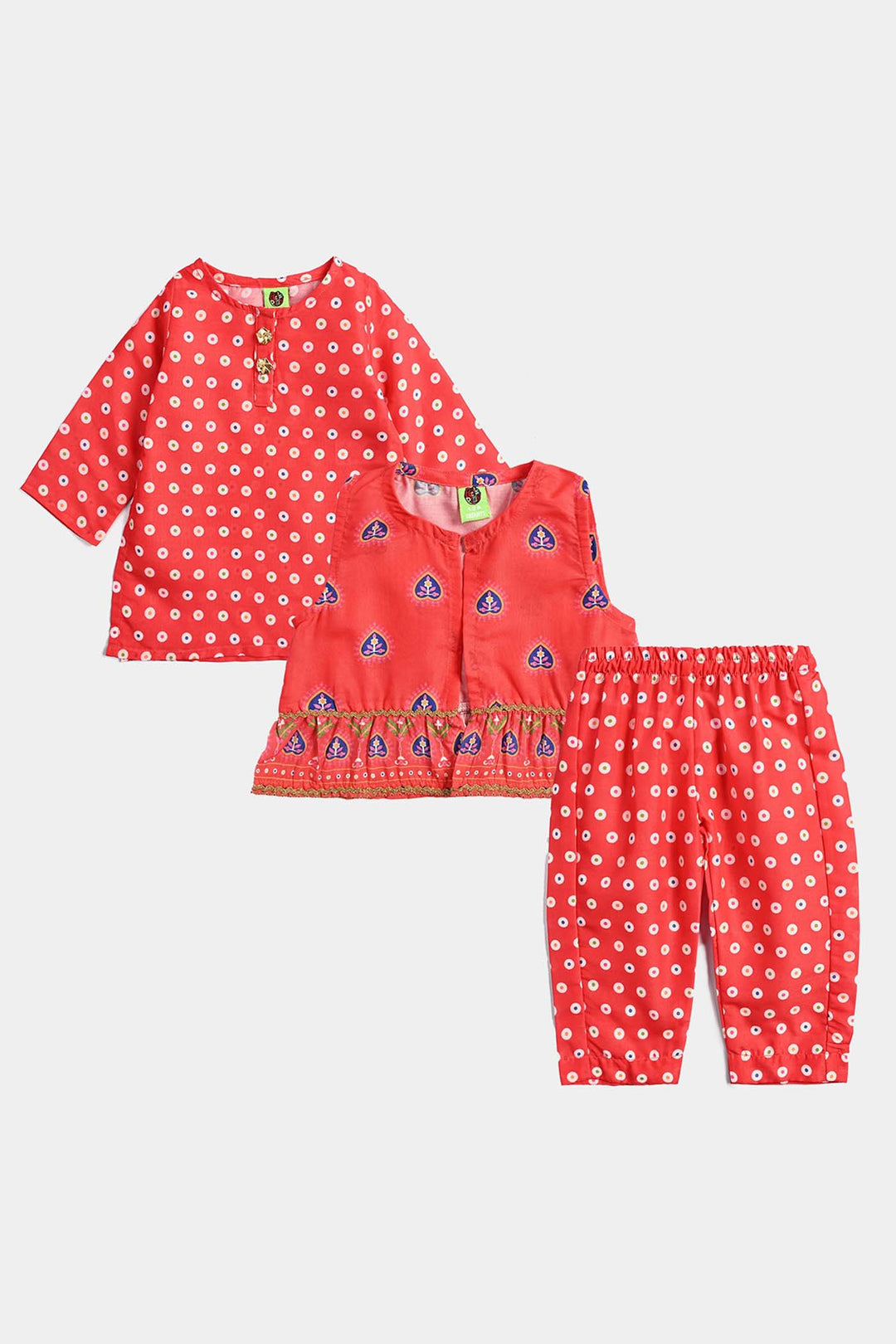 Infant Girls Poly Cambric Printed 3Pcs Chamak Dhamak-Red