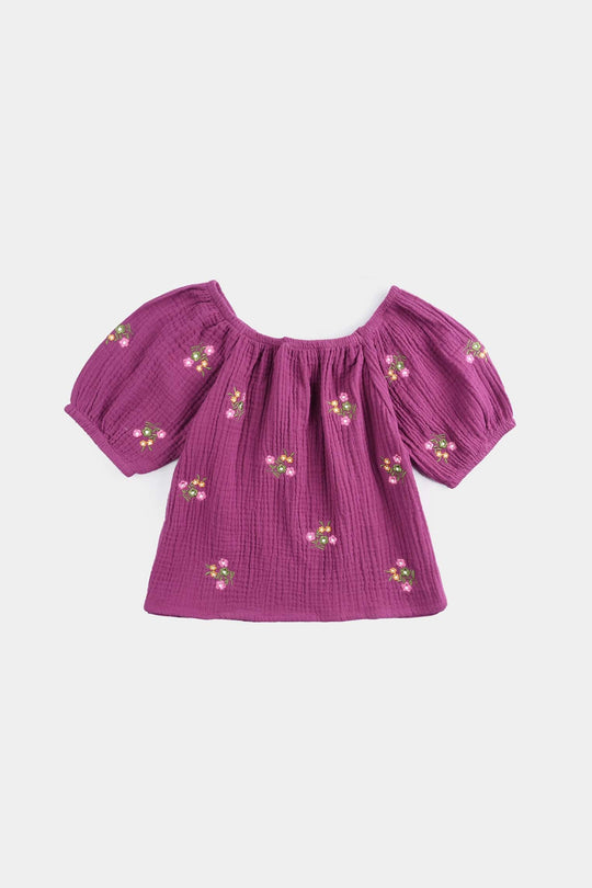Infant Girls Cotton Crinkle EMB Top Bouquet-Purple