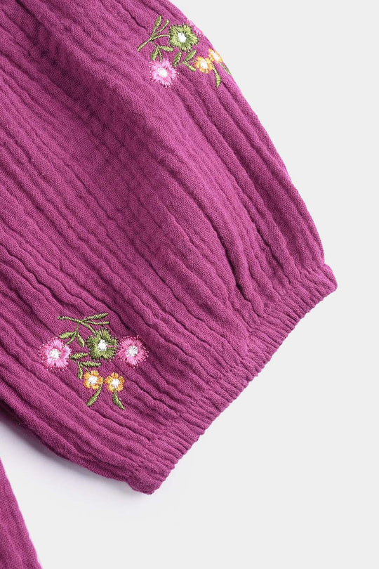 Infant Girls Cotton Crinkle EMB Top Bouquet-Purple
