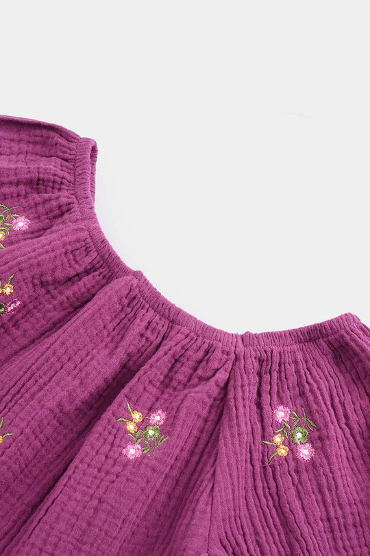 Infant Girls Cotton Crinkle EMB Top Bouquet-Purple
