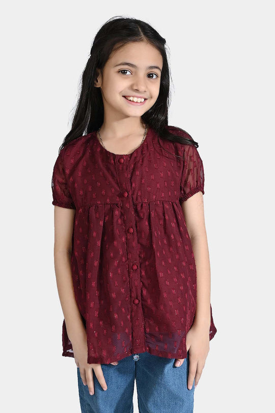 Girls China Fabric Casual Maroon Top-MAROON