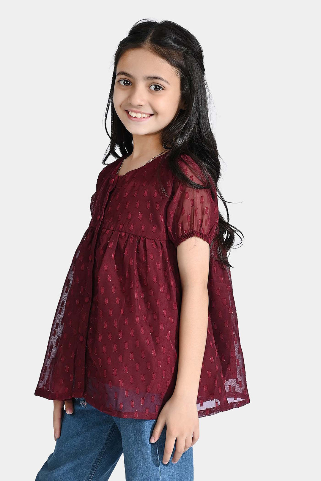Girls China Fabric Casual Maroon Top-MAROON