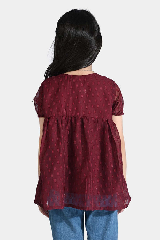 Girls China Fabric Casual Maroon Top-MAROON
