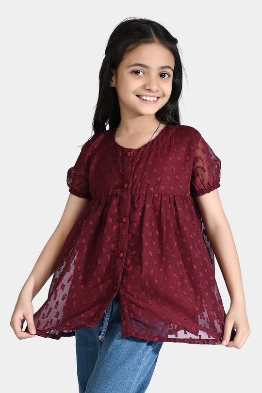 Girls China Fabric Casual Maroon Top-MAROON