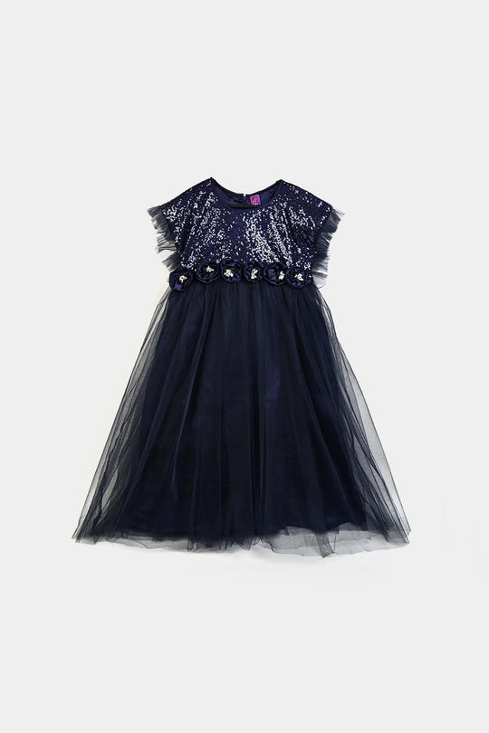 Girls Sequence Fancy Frock Shine-NAVY