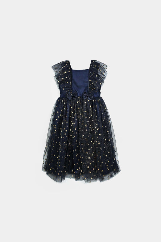 Girls Net Fancy Frock Glitter-NAVY