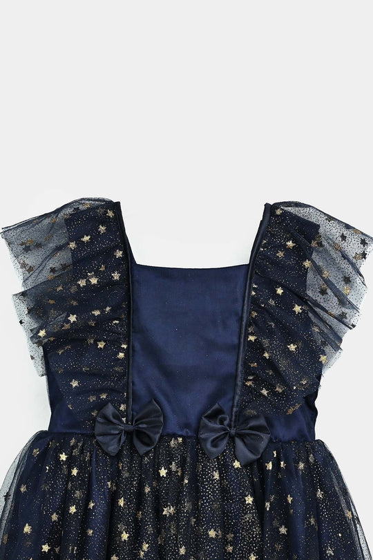 Girls Net Fancy Frock Glitter-NAVY