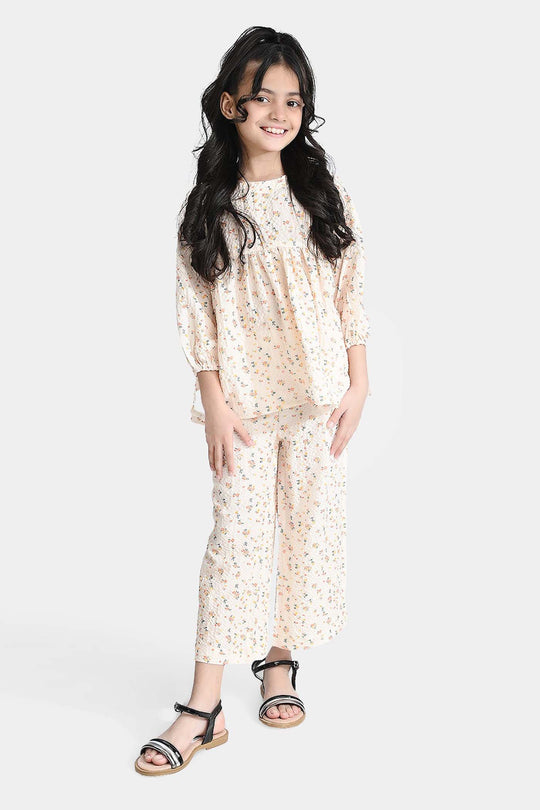 Girls Crinkle Co-ord Set Tiny Flowers-Off.White