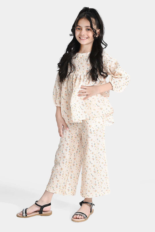 Girls Crinkle Co-ord Set Tiny Flowers-Off.White