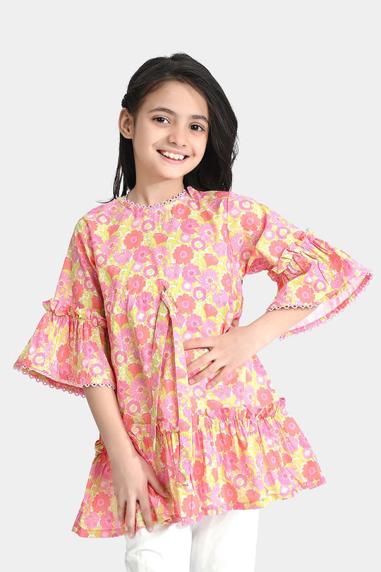 Girls Cotton Poplin Casual Frock Pink Frill-Pink