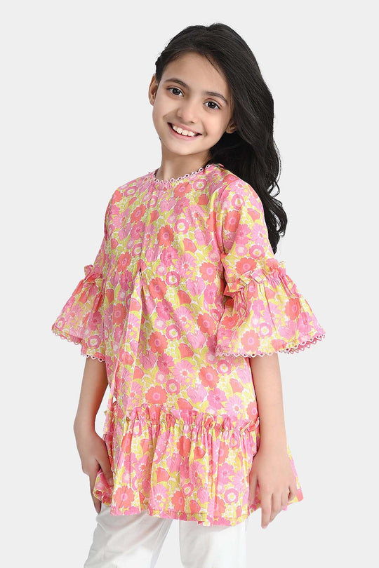 Girls Cotton Poplin Casual Frock Pink Frill-Pink