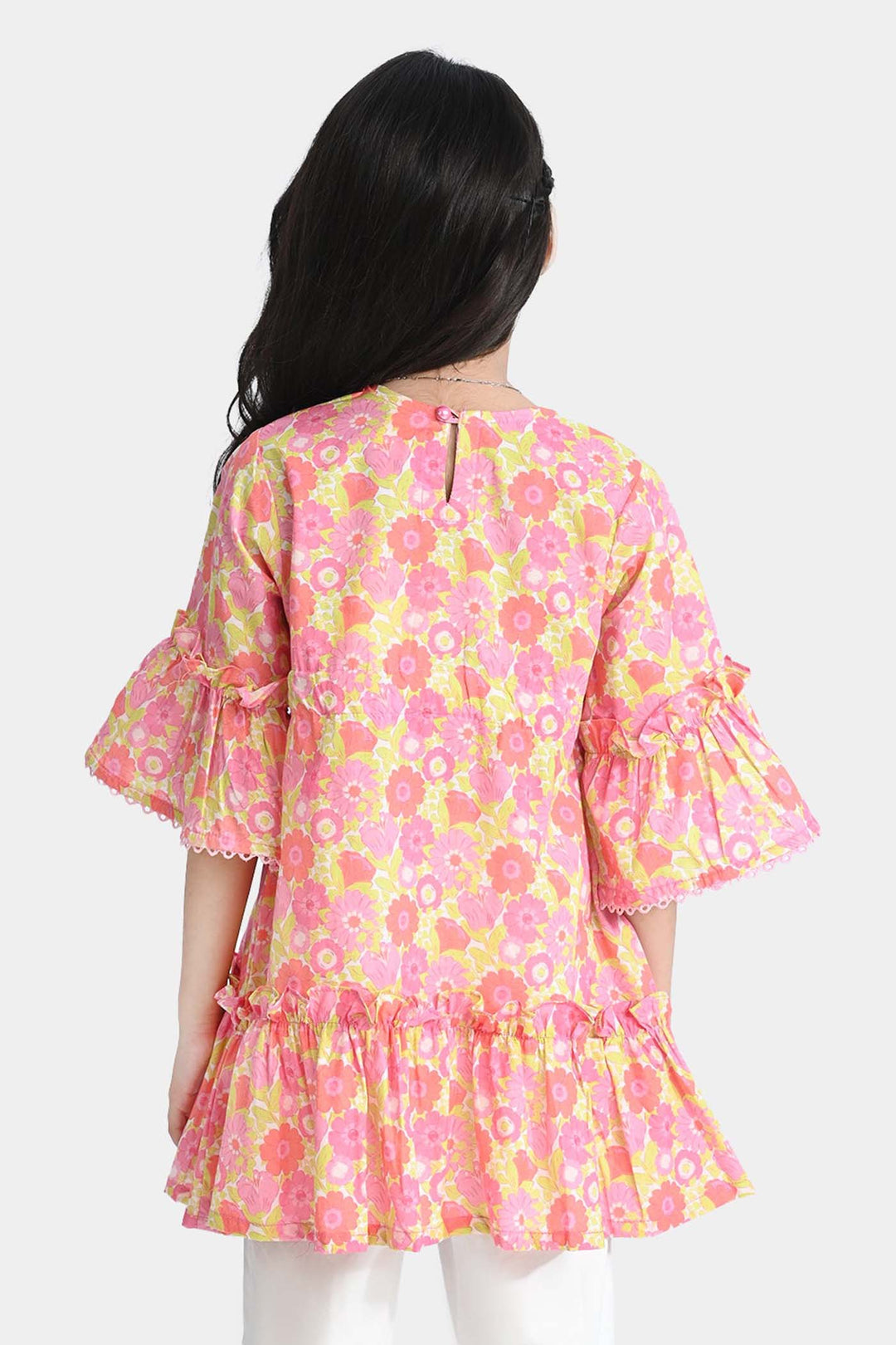 Girls Cotton Poplin Casual Frock Pink Frill-Pink